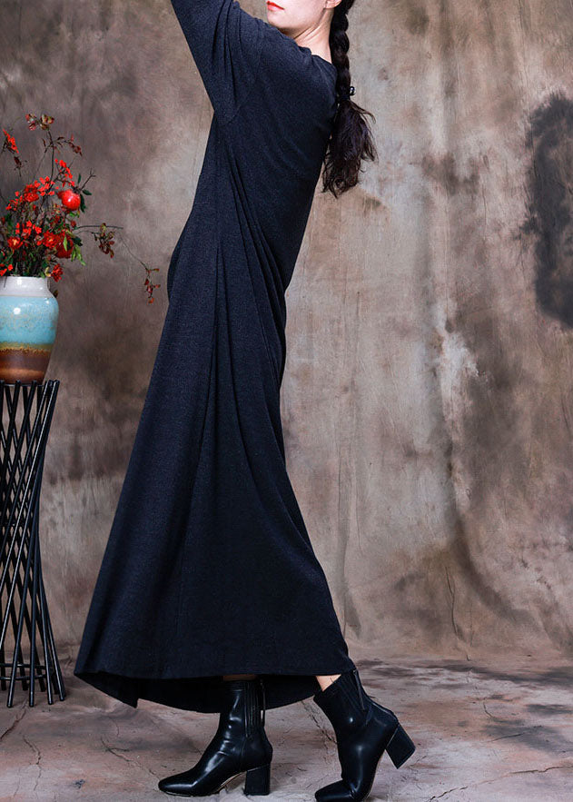 Art Dark Grey O-Neck side open Asymmetrical Velour long Dresses Spring