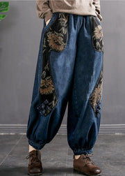 Art Denim Blue Elastic Waist Print Pockets Cotton Harem Pants Trousers Fall
