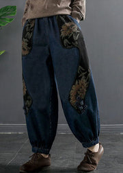 Art Denim Blue Elastische Taille Print Taschen Baumwolle Haremshose Hose Herbst