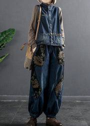 Art Denim Blue Elastische Taille Print Taschen Baumwolle Haremshose Hose Herbst