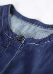 Art Denim Blue O-Neck Patchwork Cotton Shirt Kleider Laternenärmel