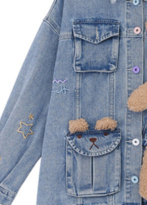Art Denim Blue Peter Pan Collar Patchwork Little Bear Button Coats Fall