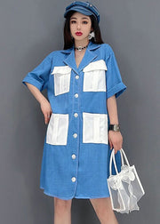 Art Denim Blue Bubikragen Patchwork Taschen Baumwolle Urlaubskleid Kurzarm