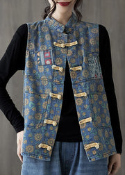 Art Denim Blue Stand Collar Print Pocket Cotton Vest Tops Sleeveless