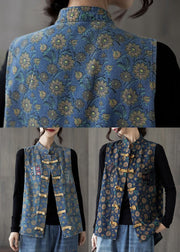 Art Denim Blue Stand Collar Print Pocket Cotton Vest Tops Sleeveless