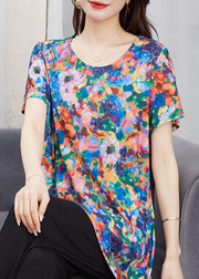 Art Floral O Neck Patchwork Cotton T Shirt Top Short Sleeve