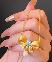 Art Gold Stainless Steel Alloy Zircon Pearl Butterfly Pendant Necklace