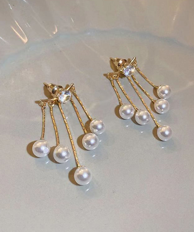 Art Gold Sterling Silver Copper Overgild Zircon Pearl Tassel Drop Earrings