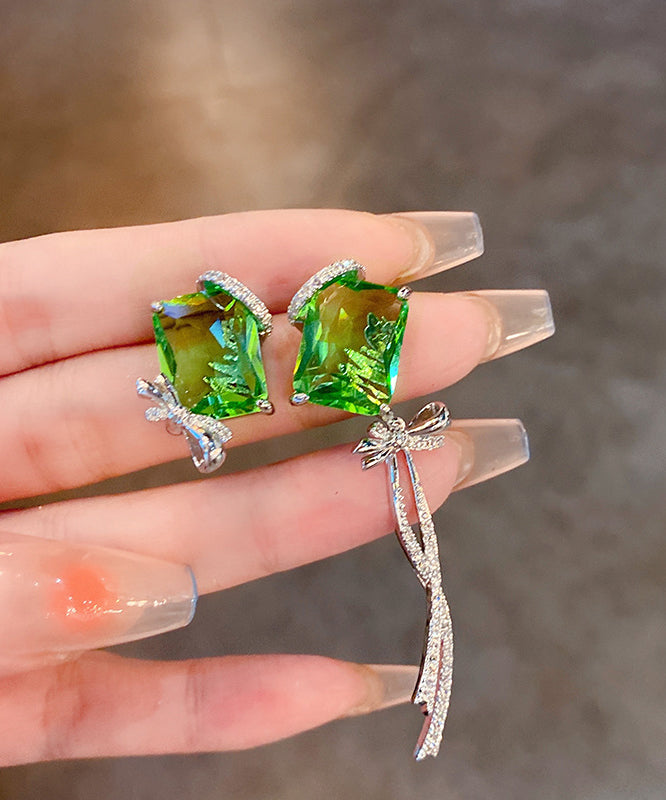 Art Grass Green Copper Zircon Asymmetric Crystal Bow Tassel Drop Earrings