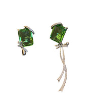 Art Grass Green Copper Zircon Asymmetric Crystal Bow Tassel Drop Earrings