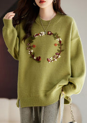 Art Grass Green Embroidered Thick Knit Sweater Tops Winter