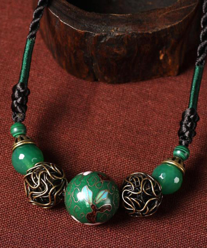 Art Green Agate Malachite Cloisonne Graduated Bead Necklace