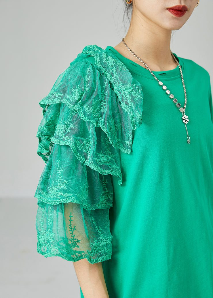 Art Green Asymmetrical Patchwork Cotton Ripped Long Tops Summer