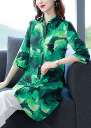 Art Green Button Peter Pan Collar Print Long Chiffon Blouse Tops Half Sleeve