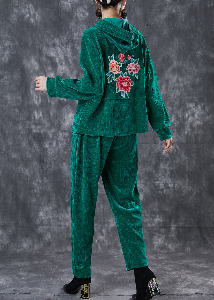 Art Green Embroidered Chinese Button Corduroy Two Piece Suit Set Spring