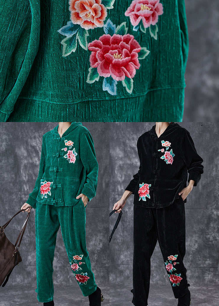 Art Green Embroidered Chinese Button Corduroy Two Piece Suit Set Spring