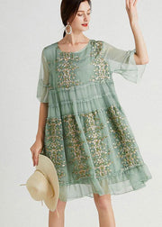 Art Green Embroideried O-Neck Loose Summer Flare Sleeve Dress - SooLinen