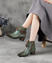 Art Green Floral Zippered Splicing Chunky Boots Pointed Toe