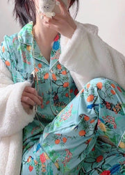 Art Green Notched Print Button Ice Silk Pajamas Two Pieces Set Long Sleeve
