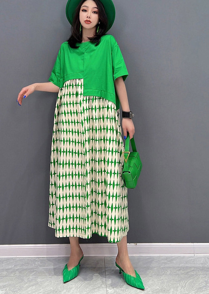 Art Green O-Neck Asymmetrical Patchwork Print Dresses Short Sleeve