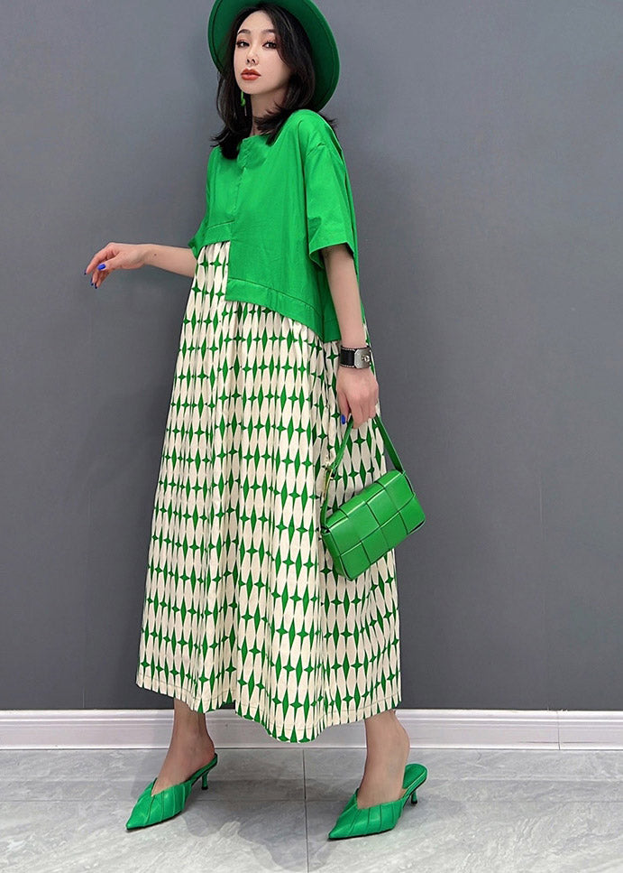 Art Green O-Neck asymmetrische Patchwork-Print-Kleider mit kurzen Ärmeln