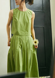 Art Green O-Neck Cotton Top And Pleated Skirt Two Pieces Set Sleeveless