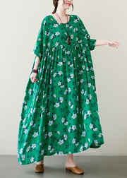 Art Green O-Neck Patchwork Print Cotton Long Dresses Short Sleeve
