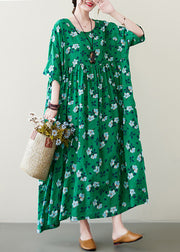 Art Green O-Neck Patchwork Print Cotton Long Dresses Short Sleeve