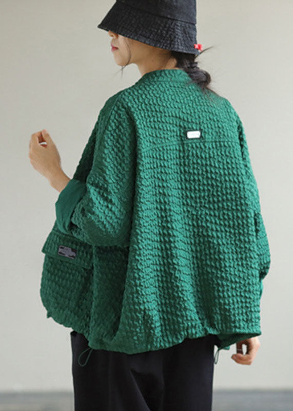Art Green O-Neck Pockets Patchwork Cotton Coats Spring