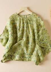Art Green O Neck Print Patchwork Cotton Blouse Top Half Sleeve