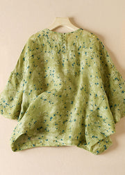 Art Green O Neck Print Patchwork Cotton Blouse Top Half Sleeve