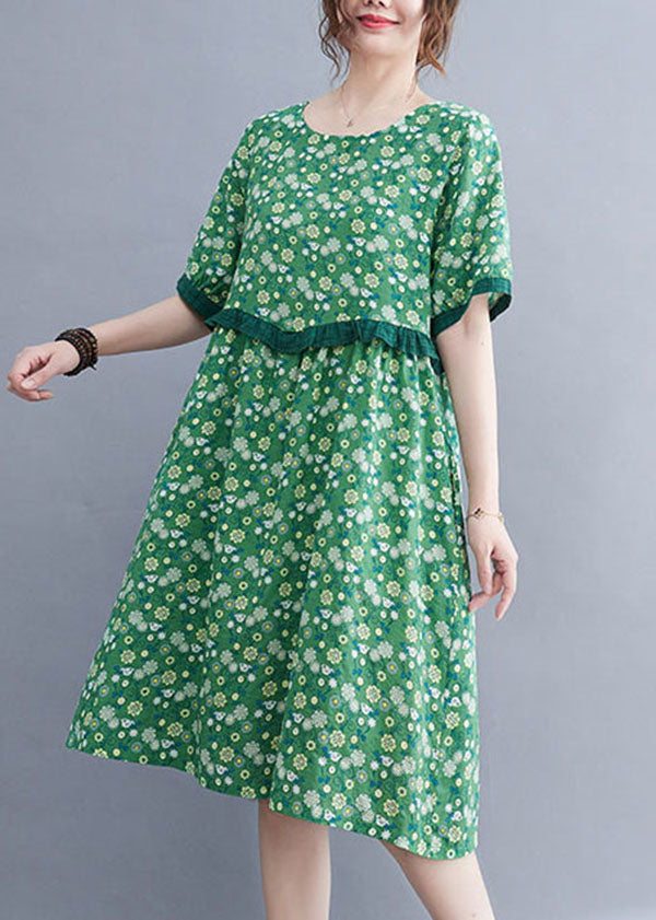 Art Green O-Neck Print Patchwork Ruffles Cotton Linen Mid Dresses Short Sleeve