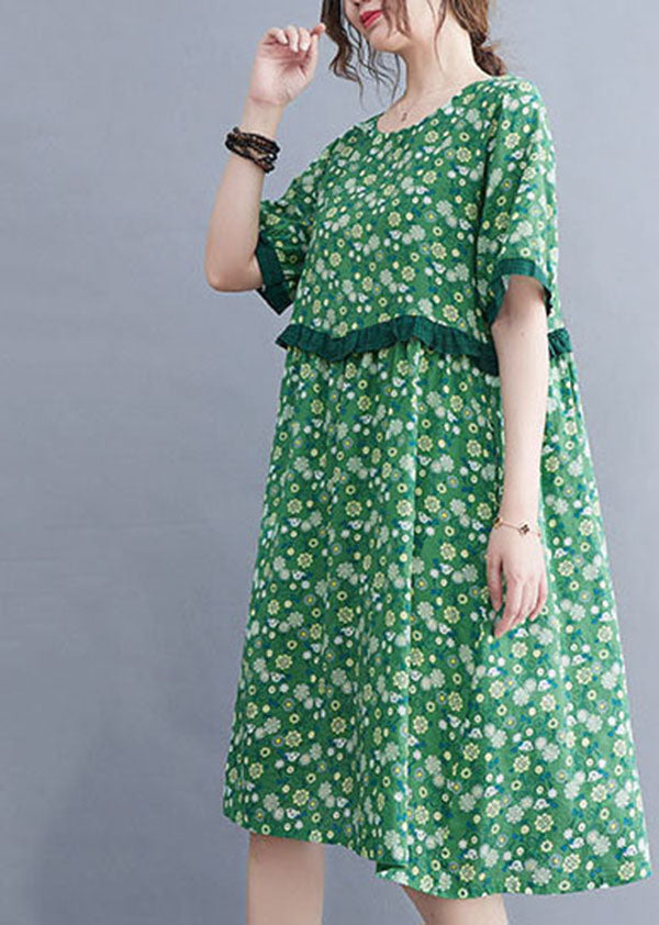 Art Green O-Neck Print Patchwork Ruffles Cotton Linen Mid Dresses Short Sleeve