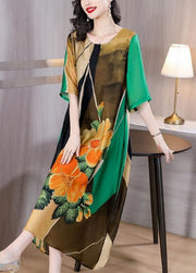 Art Green O Neck Print Patchwork Silk Dress Summer