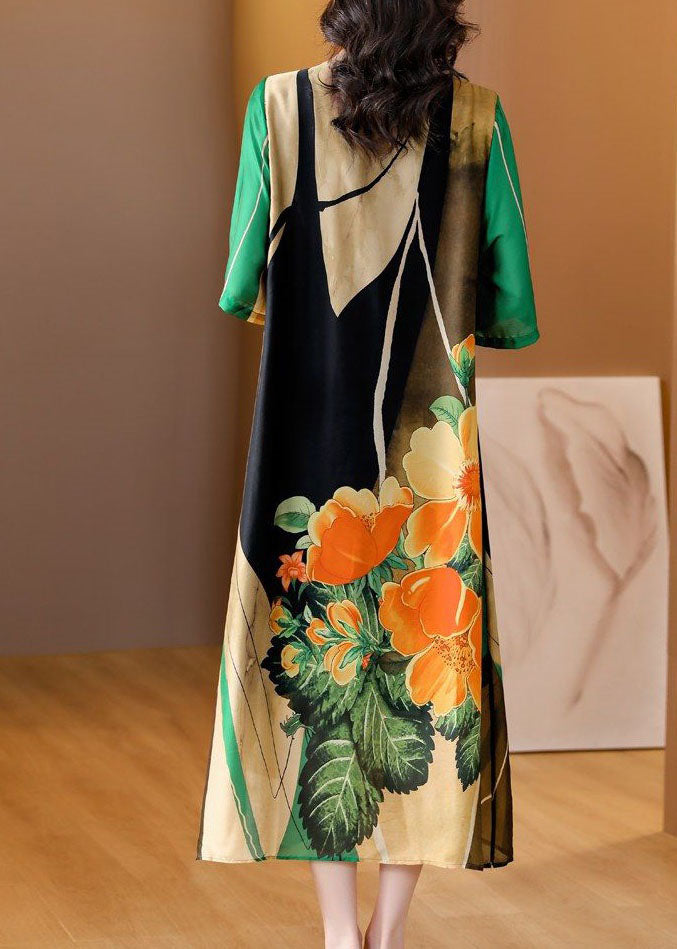 Art Green O Neck Print Patchwork Silk Dress Summer