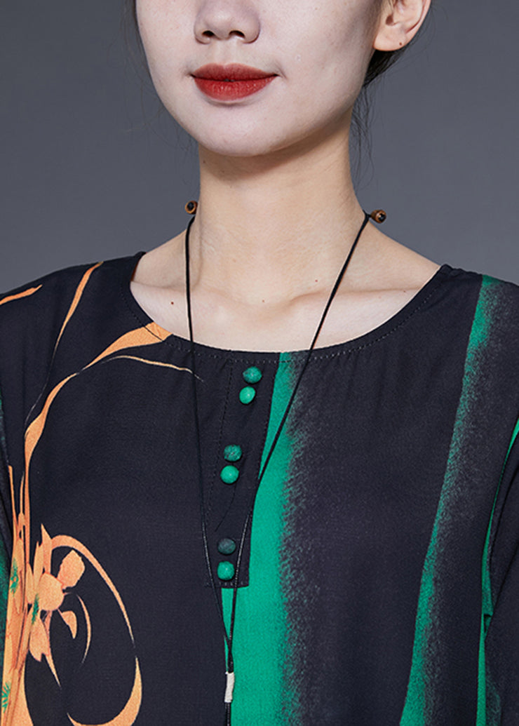 Art Green O-Neck Print Silk A Line Dress Bracelet Sleeve