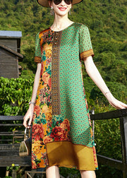 Art Green O-Neck Print 2024 Silk Formal Dresses Short Sleeve