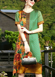 Art Green O-Neck Print 2024 Silk Formal Dresses Short Sleeve
