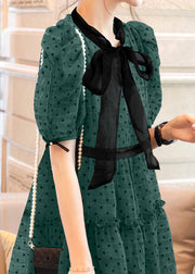 Art Green O-Neck Ruffled Dot Patchwork Bow Chiffon Mid Dress Puff Sleeve