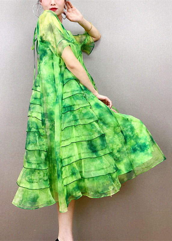 Art Green O-Neck Ruffled Patchwork Tulle Mid Dress Summer