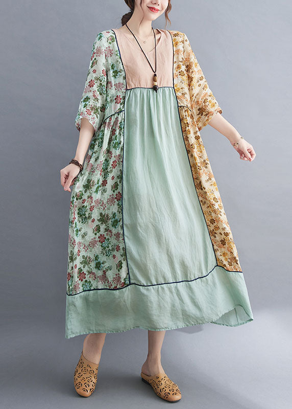 Art Green Patchwork Print Loose Fall Robe Dresses Half Sleeve