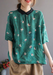 Art Green Peter Pan Collar Print Patchwork Cotton Shirt Top Summer