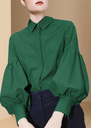 Art Green Peter Pan Collar Striped Cotton Blouse Tops Lantern Sleeve