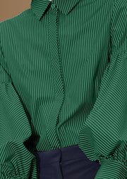Art Green Peter Pan Kragen gestreifte Baumwollbluse Tops Laternenärmel