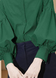 Art Green Peter Pan Collar Striped Cotton Blouse Tops Lantern Sleeve
