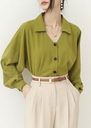 Art Green Peter Pan Collar Wrinkled Patchwork Chiffon Shirt Spring