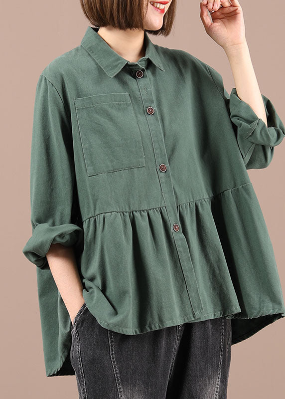 Art Green PeterPan Collar Button Pockets Fall Patchwork Shirts Long Sleeve