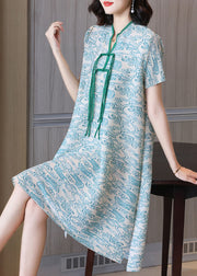 Art Green Print Stand Collar 2022 Silk Holiday Dress Short Sleeve