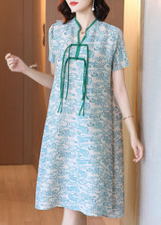Art Green Print Stand Collar 2024 Silk Holiday Dress Short Sleeve