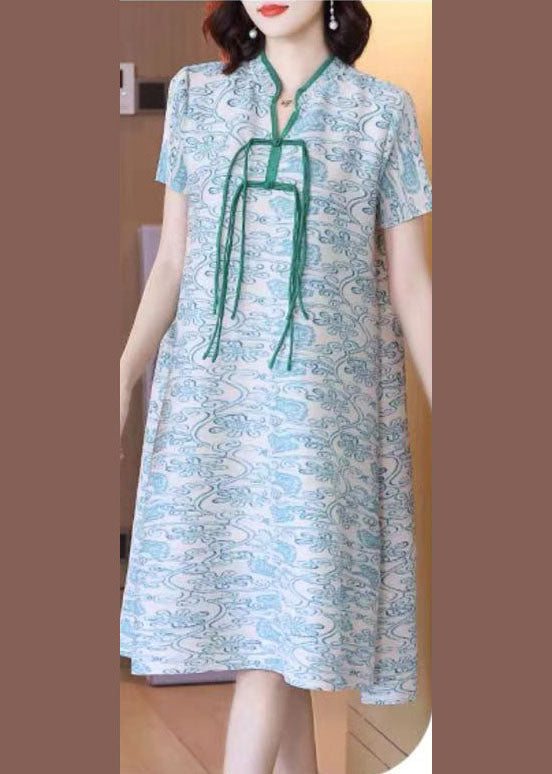 Art Green Print Stand Collar 2022 Silk Holiday Dress Short Sleeve